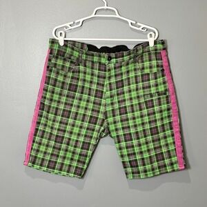 Decibel Plaid Shorts Mns 36 Green Pink Cotton Stretch Grunge Punk Streetwear Y2K